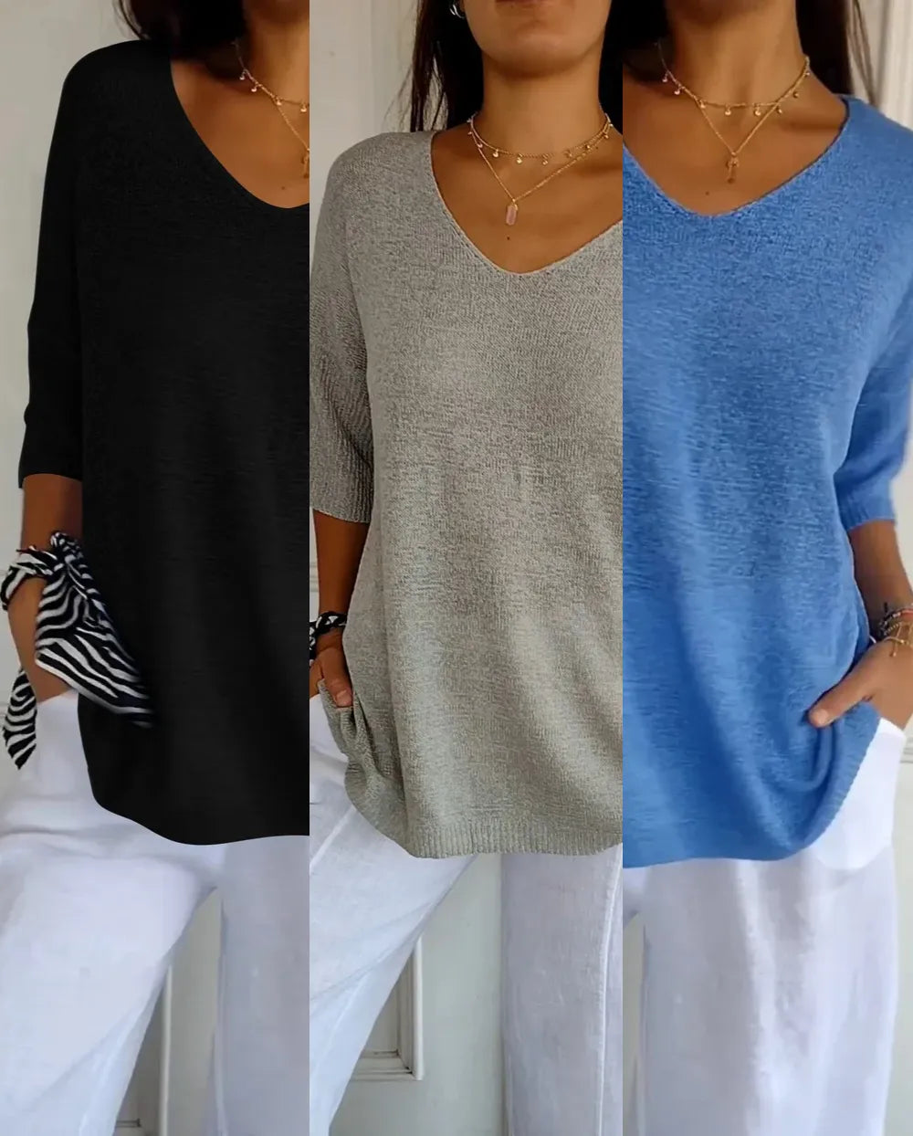 Kit 3 Blusas Luna® em Malha Leve – Decote V — Maralleve