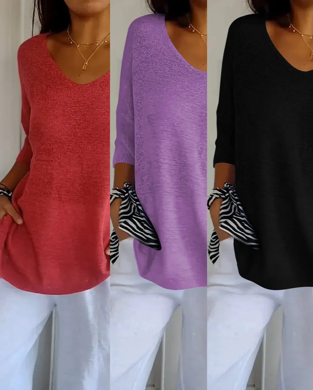 Kit 3 Blusas Luna® em Malha Leve – Decote V — Maralleve