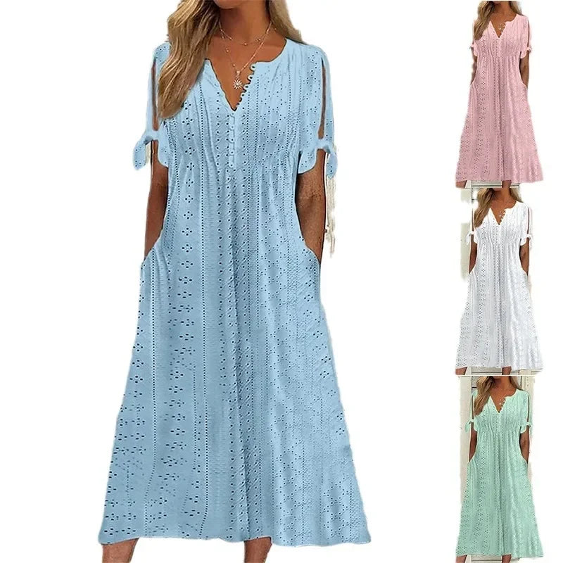 Vestido de Renda Jana - Gola em V de Manga Curta — Maralleve