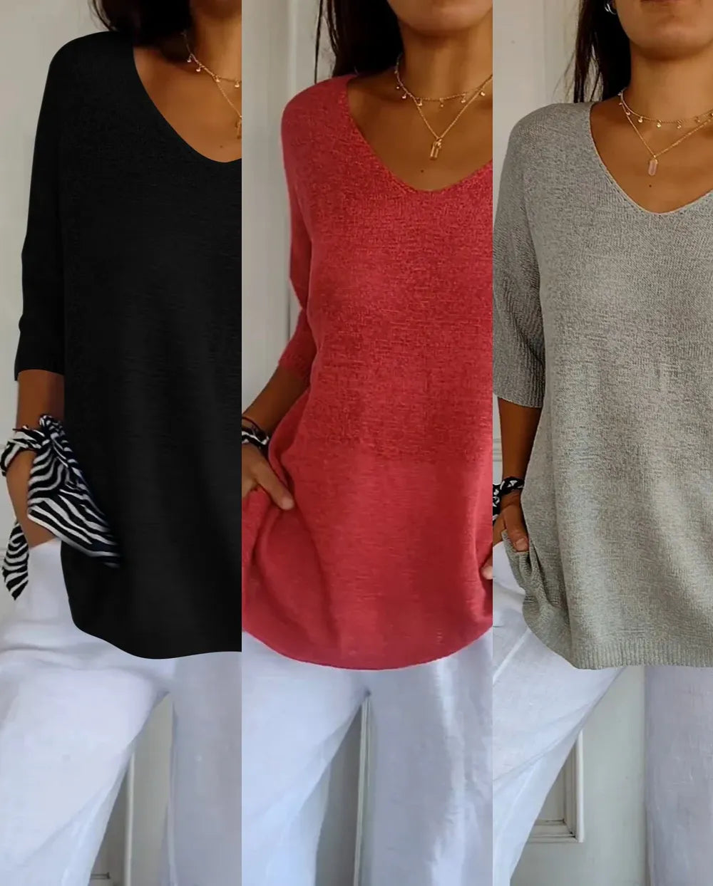 Kit 3 Blusas Luna® em Malha Leve – Decote V — Maralleve