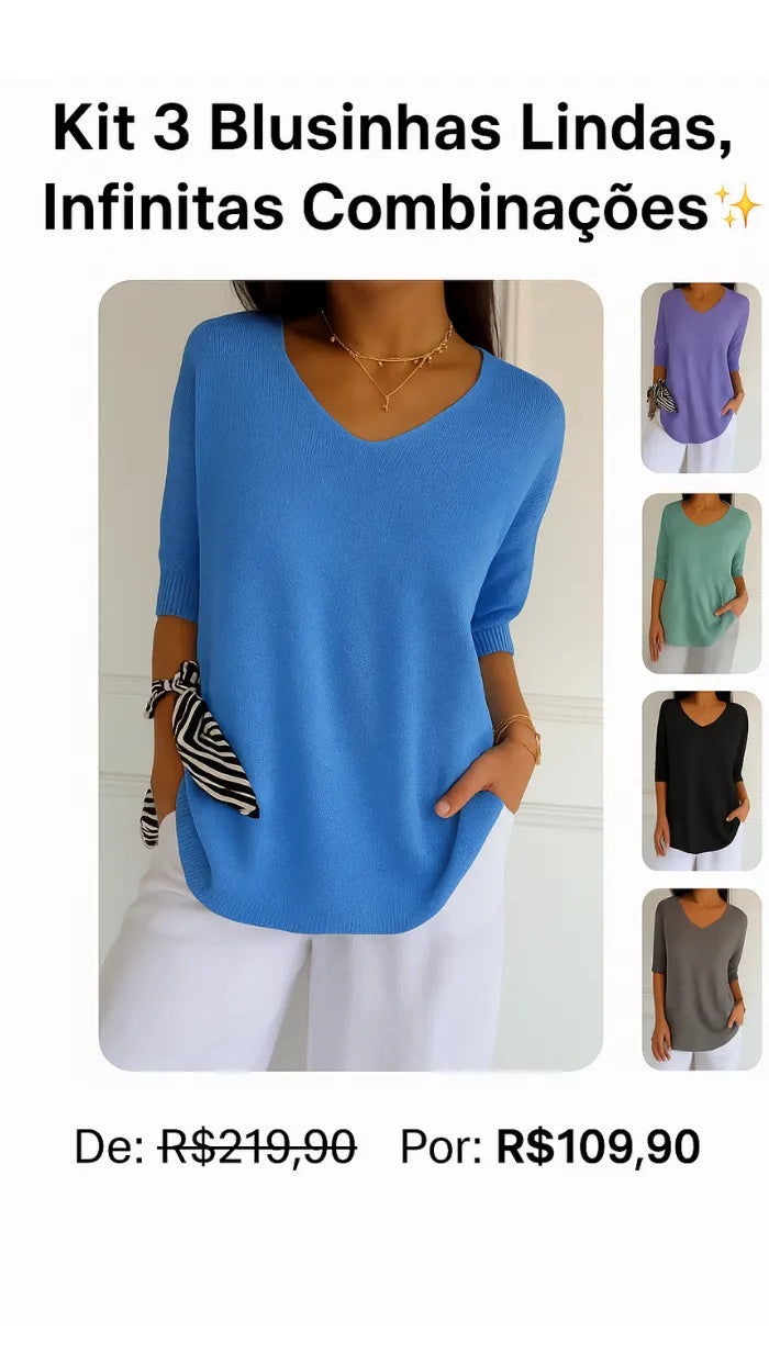 Kit 3 Blusas Luna® em Malha Leve – Decote V — Maralleve