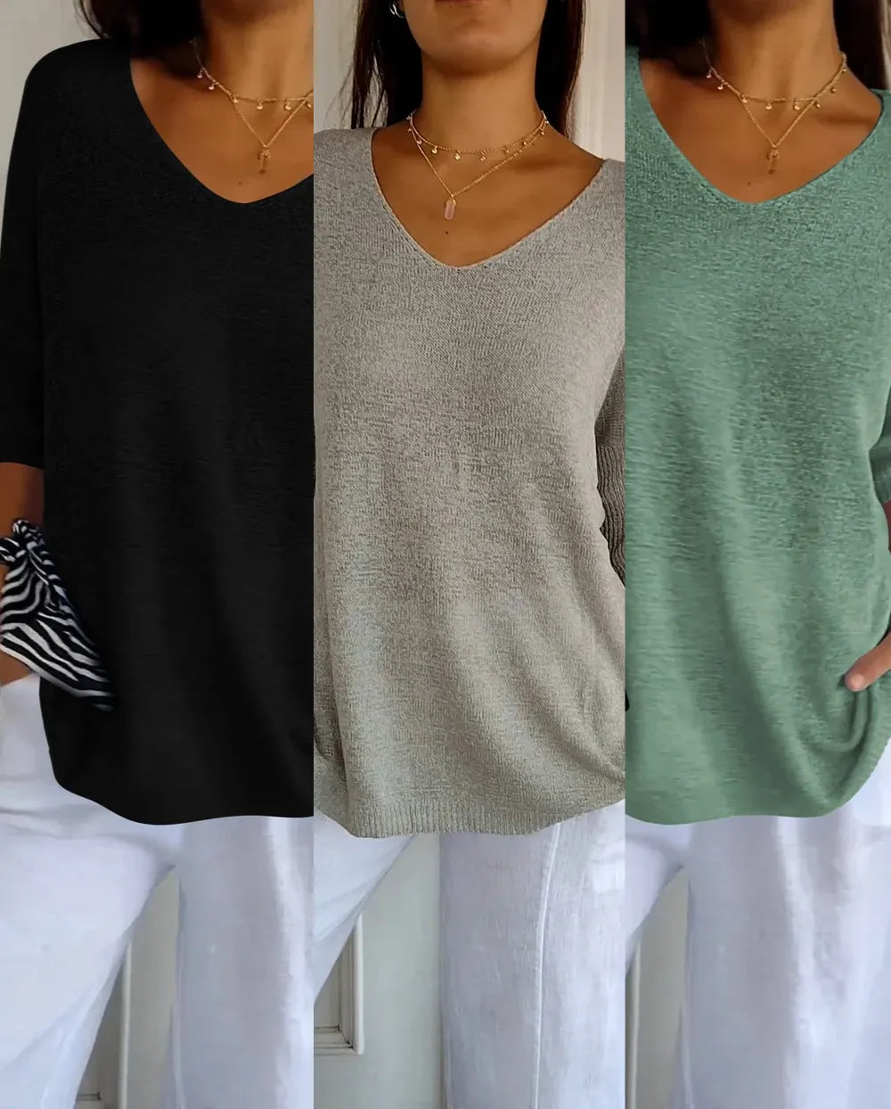Kit 3 Blusas Luna® em Malha Leve – Decote V — Maralleve