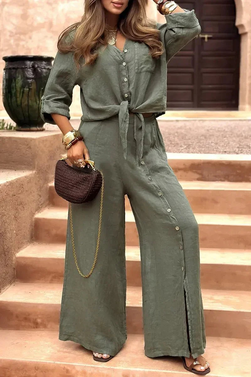 Conjunto Luna em Linho Natural - Modelagem Pantalona e Tecido Respirável — Maralleve